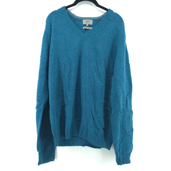 M&S Collection Mens Blue Teal 100% Extra Fine Lambswool Cozy Sweater V-Neck| L - Picture 1 of 10
